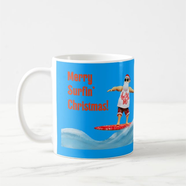 Merry Surfin' Christmas Santa on surfboard Coffee Mug (Left)