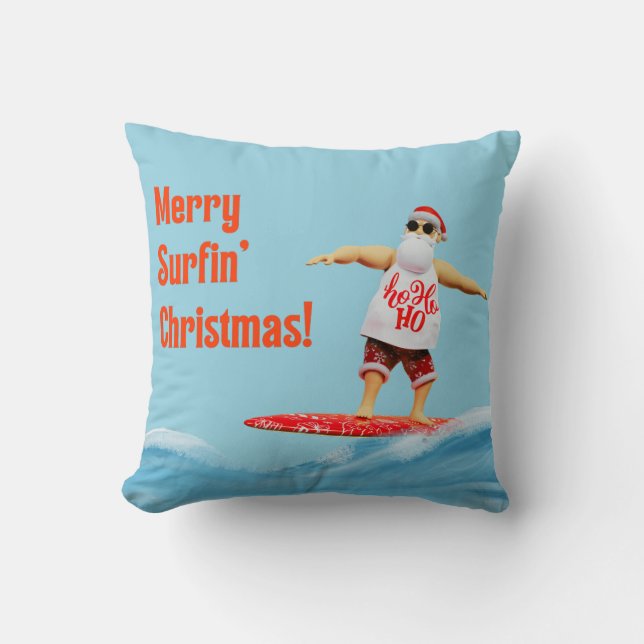 Merry Surfin' Christmas Santa on Surfboard Cushion (Front)