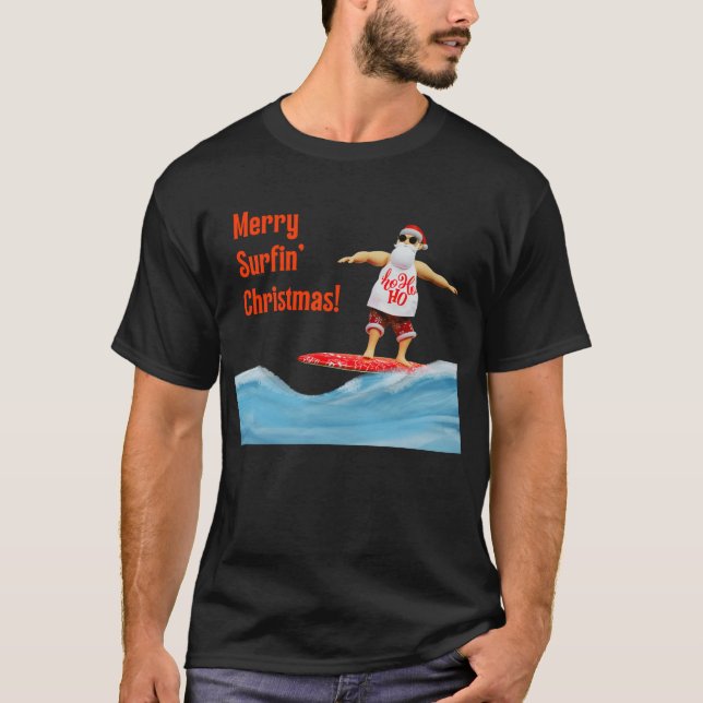 Merry Surfin' Christmas Santa on Surfboard T-Shirt (Front)
