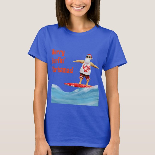 Merry Surfin' Christmas Santa on Surfboard T-Shirt (Front)