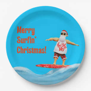 Merry Surfin' Christmas Santa on Surfboard Throw P Paper Plate