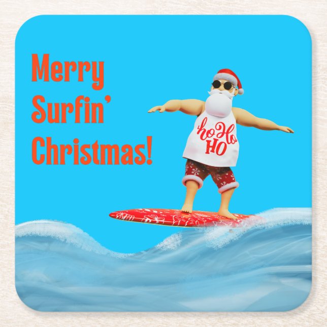 Merry Surfin' Christmas Santa on Surfboard Throw P Square Paper Coaster (Front)