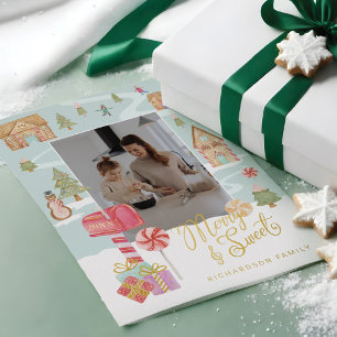 Merry & Sweet Gingerbread Candy Town Family Photo Foil Holiday Card