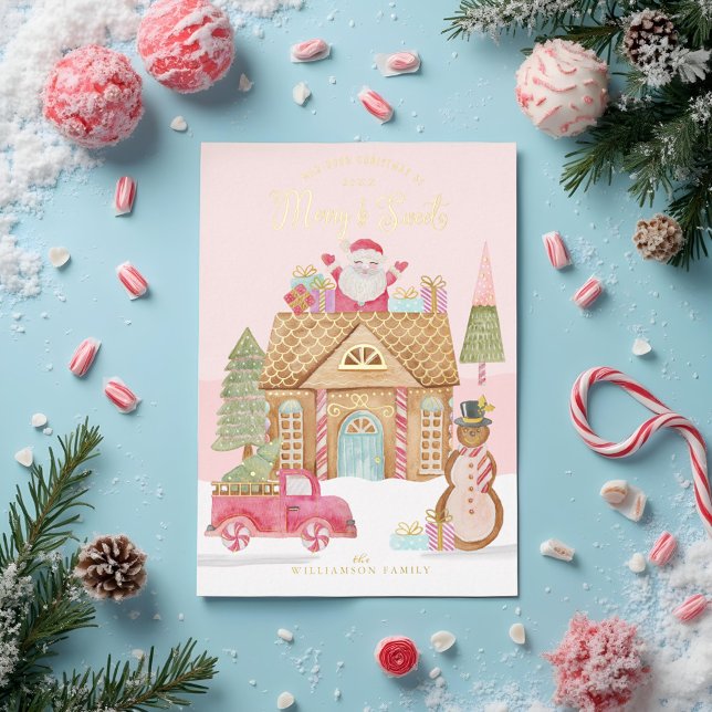 Merry & Sweet Watercolor Gingerbread Candy Village Foil Holiday Card (Merry & Sweet Watercolor Gingerbread Candy Village Foil Holiday Card)