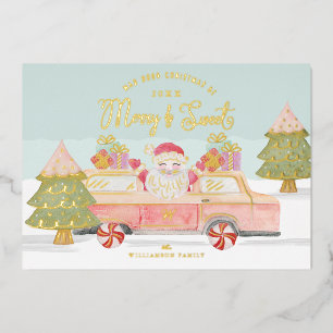 Merry & Sweet Watercolor Vintage Pink Van Santa Foil Holiday Card