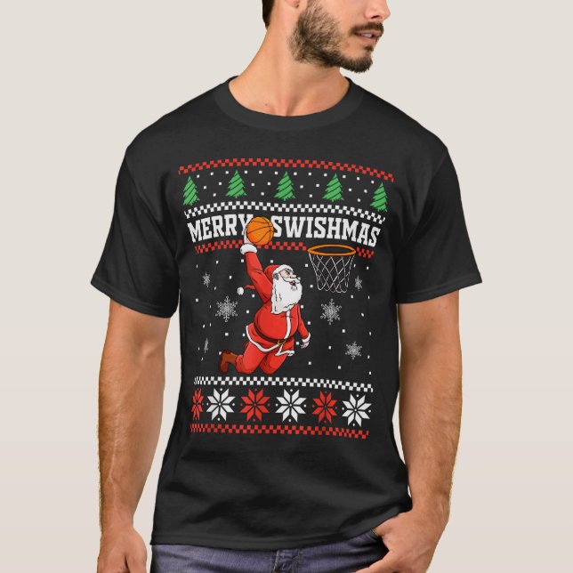 Merry Swishmas Basketball Snowman Christmas Ugly P T-Shirt (Front)