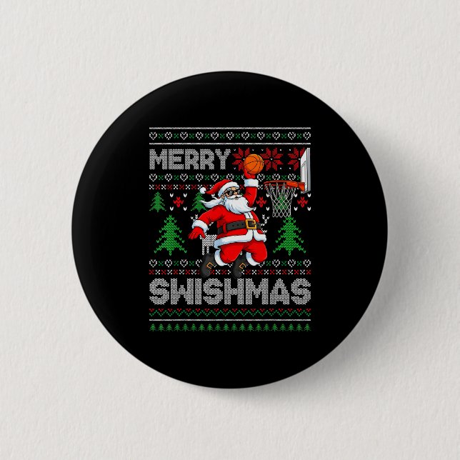 Merry Swishmas Basketball Ugly Christmas Santa Men 6 Cm Round Badge (Front)