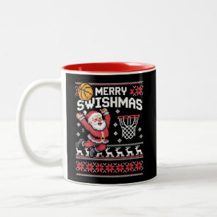 Merry Swishmas Basketball Ugly Christmas Xmas Two-Tone Coffee Mug