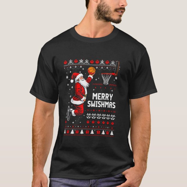 Merry Swishmas Basketball Ugly Sweater Santa Tee X (Front)