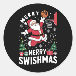 Merry Swishmas Christmas Santa Playing Basketball  Classic Round Sticker