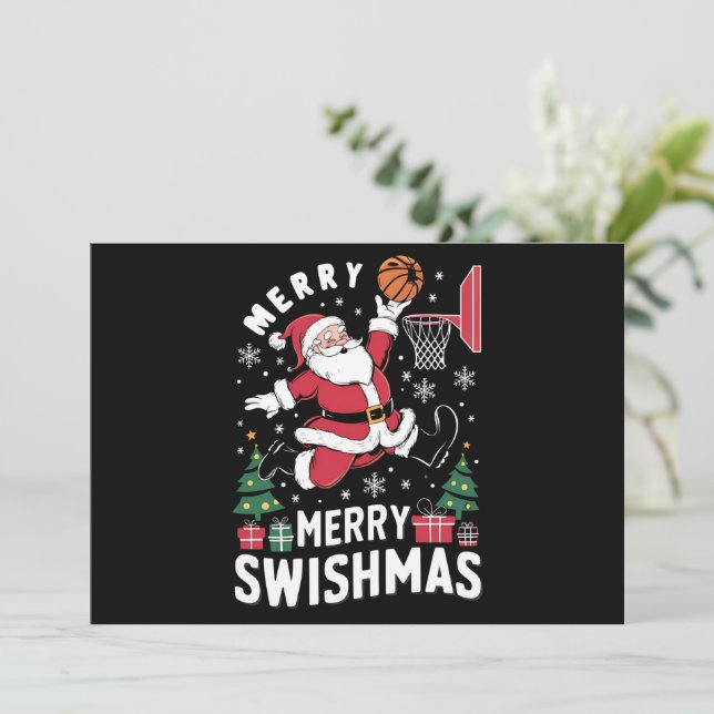 Merry Swishmas Christmas Santa Playing Basketball  Holiday Card (Standing Front)