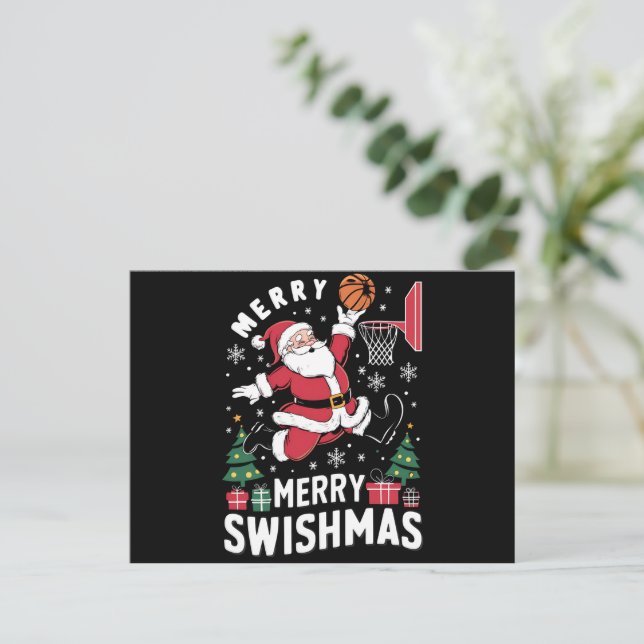 Merry Swishmas Christmas Santa Playing Basketball  Holiday Postcard (Standing Front)