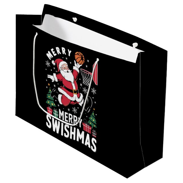 Merry Swishmas Christmas Santa Playing Basketball  Large Gift Bag (Front Angled)