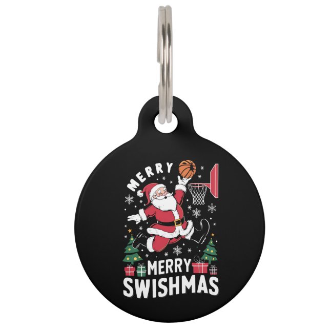 Merry Swishmas Christmas Santa Playing Basketball  Pet Tag (Front)