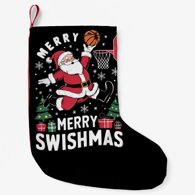 Merry Swishmas Christmas Santa Playing Basketball  Small Christmas Stocking (Front)