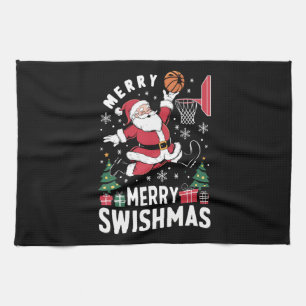 Merry Swishmas Christmas Santa Playing Basketball  Tea Towel