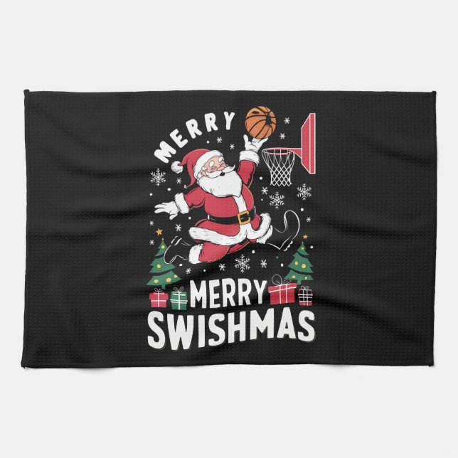 Merry Swishmas Christmas Santa Playing Basketball  Tea Towel (Horizontal)