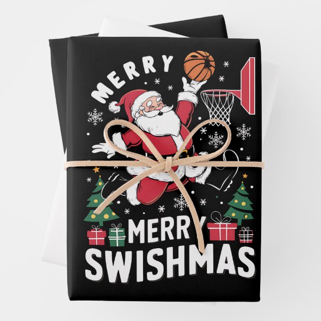 Merry Swishmas Christmas Santa Playing Basketball  Wrapping Paper Sheet (In situ)