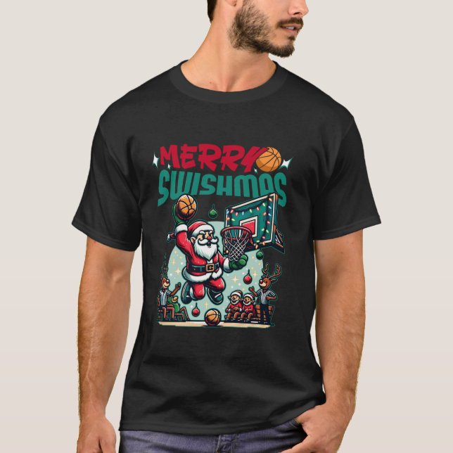 Merry Swishmas Christmas Xmas Basketball Funny T-Shirt (Front)