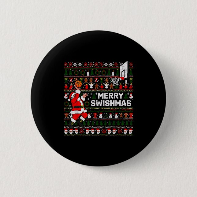 Merry Swishmas Santa Basketball Ugly Sweater Style 6 Cm Round Badge (Front)