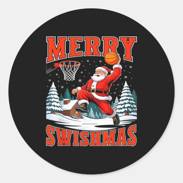 Merry Swishmas Santa Playing Basketball Christmas  Classic Round Sticker (Front)