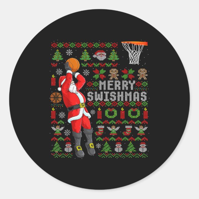 Merry Swishmas Ugly Christmas Basketball Christmas Classic Round Sticker (Front)