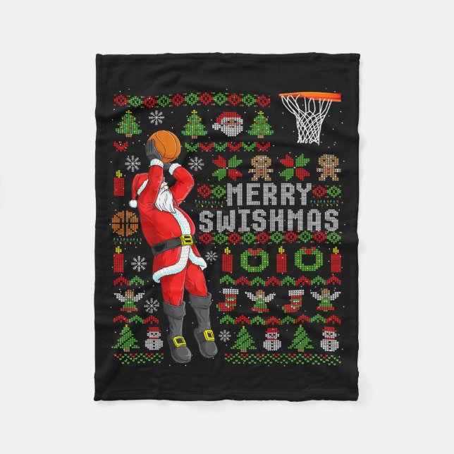Merry Swishmas Ugly Christmas Basketball Christmas Fleece Blanket (Front)