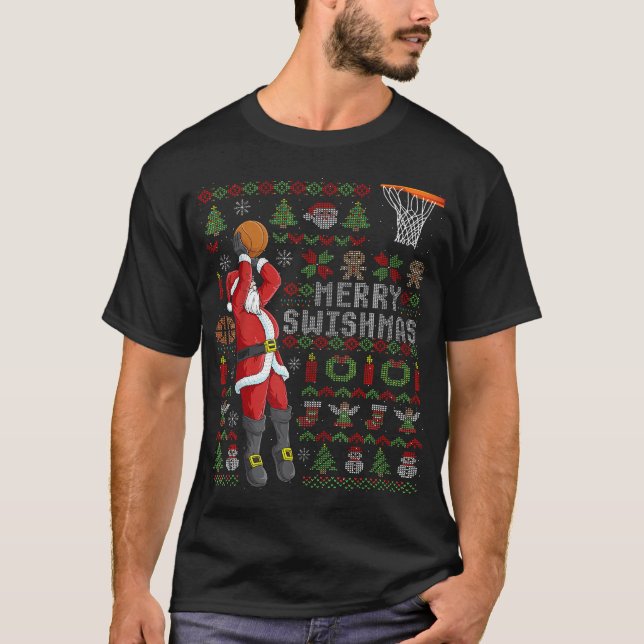 Merry Swishmas Ugly Christmas Basketball Christmas T-Shirt (Front)