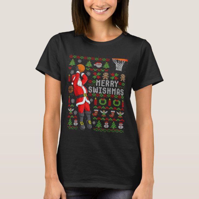 Merry Swishmas Ugly Christmas Basketball Christmas T-Shirt (Front)