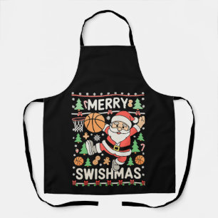 Merry Swishmas Ugly Christmas Basketball Santa Apron