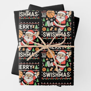 Merry Swishmas Ugly Christmas Basketball Santa Wrapping Paper Sheet