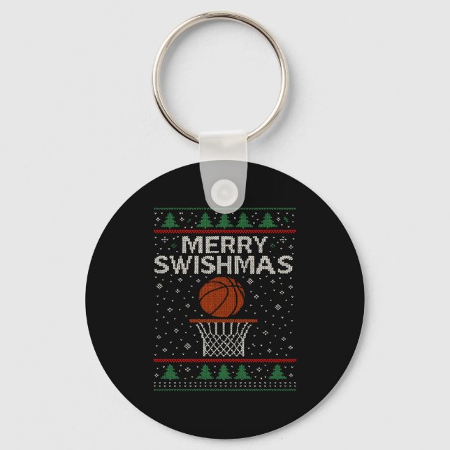 Merry Swishmas Ugly Christmas Sweater Basketball J Key Ring (Front)