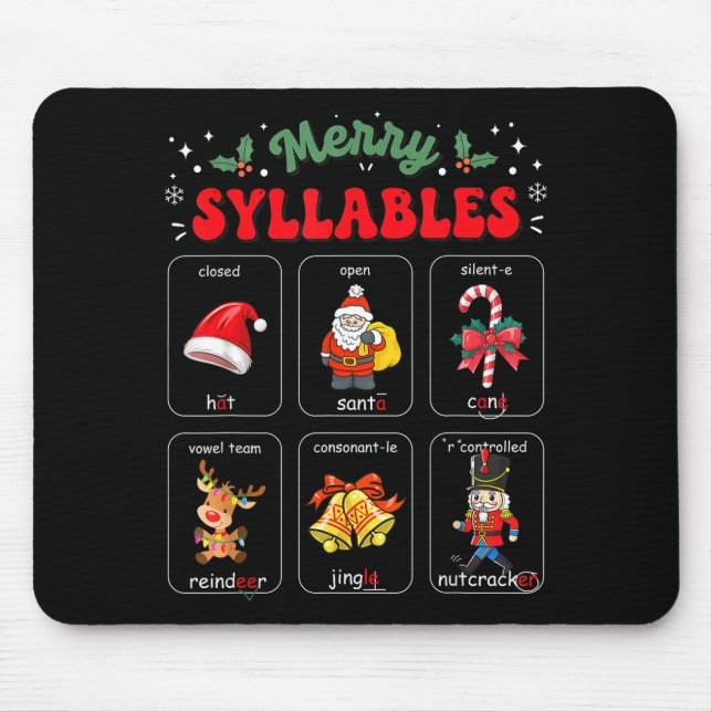Merry Syllables Xmas Phonics Reading Teacher Holid Mouse Mat (Front)