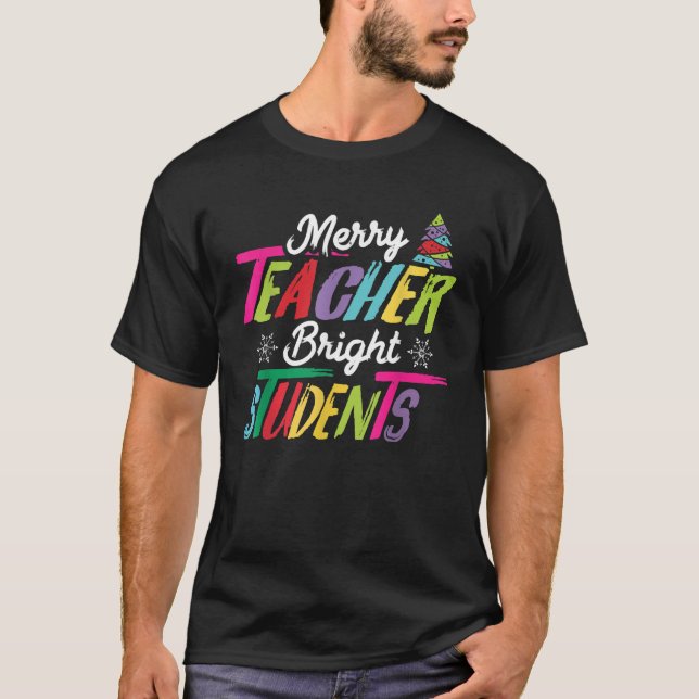 Merry Teacher Bright Students Crayon Tree Xmas  fo T-Shirt (Front)