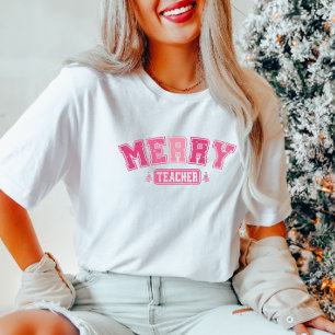 Merry Teacher Christmas Pink  T-Shirt