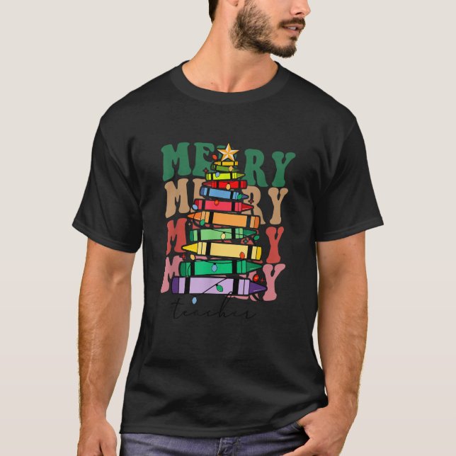 Merry Teacher Crayon Christmas Tree Xmas Teacher H T-Shirt (Front)