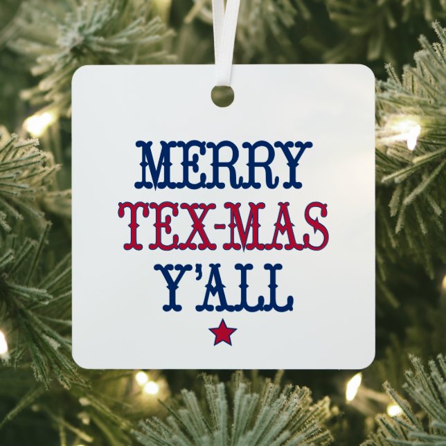 Merry Tex-Mas Y'all Red and Blue Photo Metal Tree Decoration (Insitu)