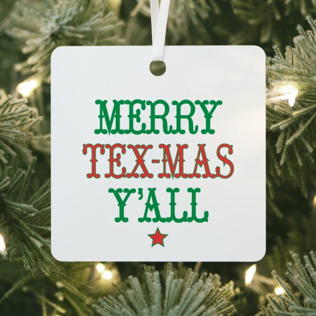 Merry Tex-Mas Y'all Red and Green Photo Metal Tree Decoration (Insitu)
