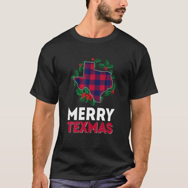 Merry Texmas Christmas Texas State Red Plaid Famil T-Shirt (Front)