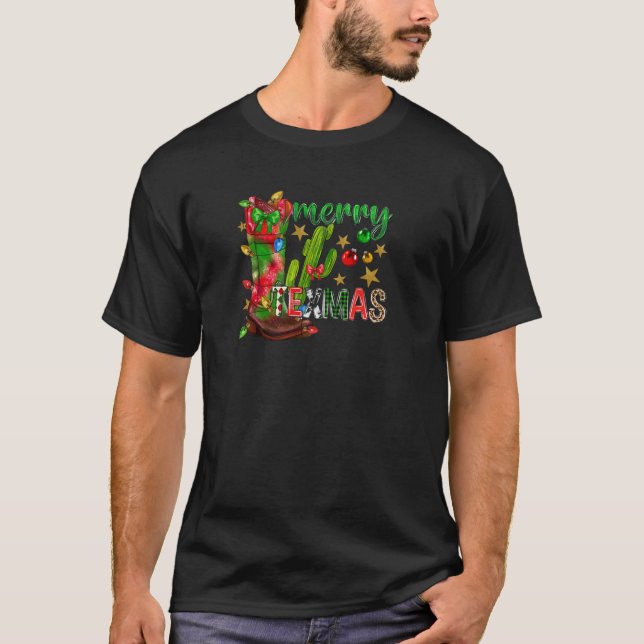 Merry Texmas With Cowboy Cowboy Boots Christmas Pa T-Shirt (Front)