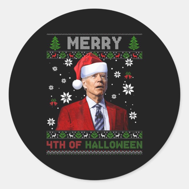 Merry th Of Halloween Fun Biden Ugly Christmas   Classic Round Sticker (Front)