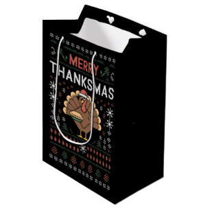 Merry Thanksmas Christmas Thanksgiving Turkey  Medium Gift Bag