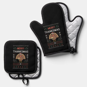 Merry Thanksmas Christmas Thanksgiving Turkey Oven Mitt & Pot Holder Set