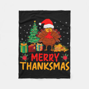 Merry Thanksmas Christmas Thanksgiving Turkey Sant Fleece Blanket