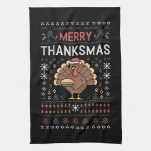 Merry Thanksmas Christmas Thanksgiving Turkey  Tea Towel