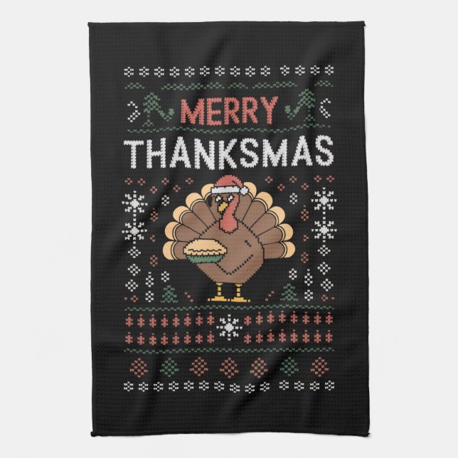 Merry Thanksmas Christmas Thanksgiving Turkey  Tea Towel (Vertical)