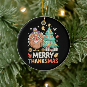 Merry Thanksmas Christmas Thanksgiving Turkey Xmas Ceramic Tree Decoration