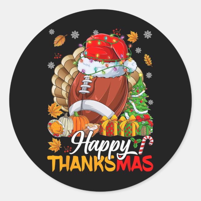Merry Thanksmas Football Santa Hat Thanksgiving Ch Classic Round Sticker (Front)