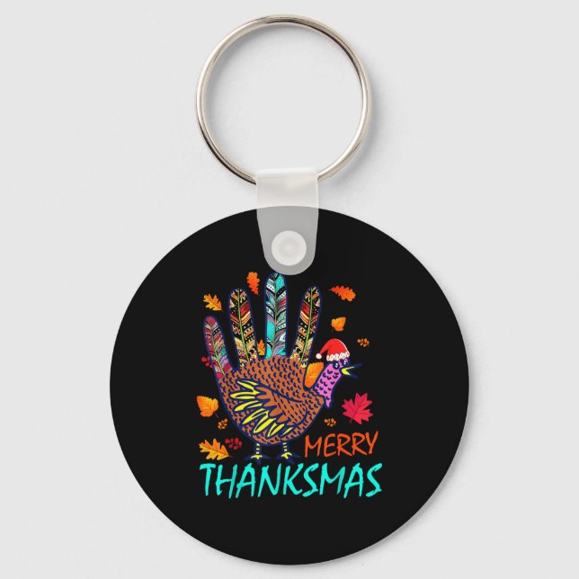 Merry Thanksmas Happy Thanksgiving Christmas Turke Key Ring (Front)