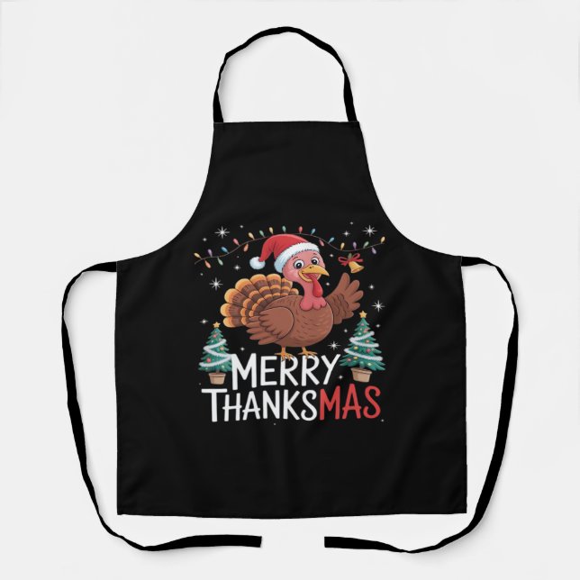 Merry Thanksmas Happy Thanksgiving Santa Turkey Es Apron (Front)